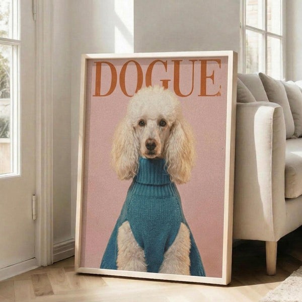 May include: Framed poster featuring a white poodle with fluffy curly fur wearing a teal blue turtleneck sweater against a soft pink background, with "DOGUE" text in orange letters at the top. The artwork is displayed in a light wood frame, leaning against a white wall near beige upholstered furniture and tall windows with natural lighting in a modern living room setting.