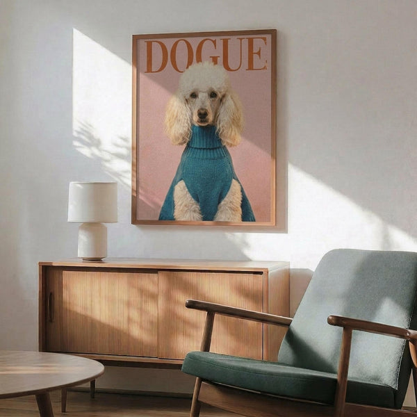 May include: Framed poster print on white wall showing white poodle wearing teal blue turtleneck sweater against pink gradient background with "DOGUE" text at top, displayed above wooden sideboard with white table lamp and mid-century modern sage green upholstered armchair in sunlit room
