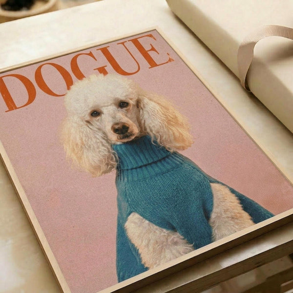 May include: Fashion magazine-style poster print featuring a white poodle with curly blonde hair wearing a teal blue turtleneck sweater against a soft pink background. The poster lies flat on a white surface next to rolled white paper tubes, showing the minimalist design with orange "DOGUE" lettering at the top mimicking luxury fashion magazine covers.