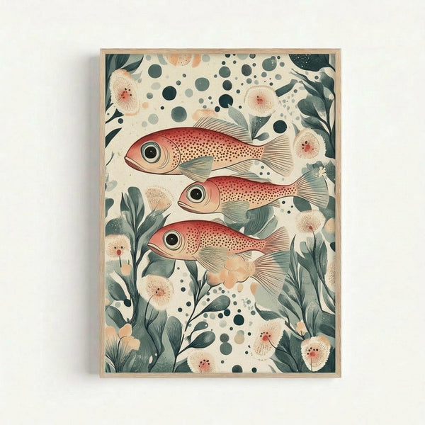 Framed artwork displaying three red and pink fish with large black eyes and spotted patterns, surrounded by green aquatic plants and cream-colored flowers with pink centers. The illustration features a vintage botanical style with scattered dark green dots and circles throughout the composition, set against a light cream background in a natural wood frame.
