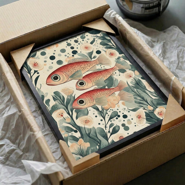 May include: Framed art print featuring three red fish with large eyes swimming among green seaweed, coral, and bubbles on cream background. Print shown in black frame inside cardboard shipping box with protective packaging materials on white fabric surface.