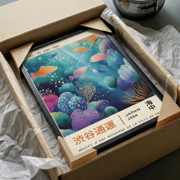 May include: Vibrant underwater scene poster in black frame, packed in cardboard shipping box with protective tissue paper. Artwork features colorful fish, coral, and sea life in blues, purples, oranges and greens. Text shows "JAPAN 1984" and "MUSÉE D'ART MODERNE DE LA VILLE DE PARIS" at bottom. Vintage exhibition poster style with dreamy aquatic illustration containing tropical fish and marine plants against deep ocean backdrop.