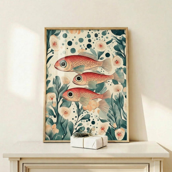 May include: Framed art print featuring three stylized red fish with spotted patterns and prominent black eyes, surrounded by teal botanical elements, coral-pink flowers, and scattered dots on cream background. Natural wood frame displayed on light wooden console table next to small white gift box with feather accent against white wall.