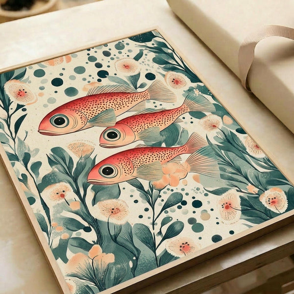 Japanese-inspired artwork featuring three red fish with spotted patterns and large dark eyes swimming among teal green seaweed and coral-colored sea anemones. The illustration uses a muted color palette of coral pink, sage green, and cream with decorative dots and organic flowing elements. The print is displayed on cream paper with rolled paper visible in the background, showing fine textural details and botanical motifs throughout the underwater scene.