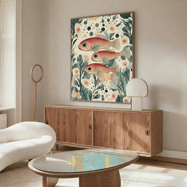 May include: Japanese-inspired artwork featuring three red fish with spotted patterns swimming among green seaweed and coral-colored flowers on a cream background, displayed above a mid-century modern walnut credenza in a minimalist living room with white curved chair and oval glass coffee table