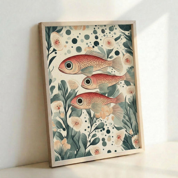 May include: Framed art print leaning against white wall showing three red spotted fish with large black eyes swimming among green botanical elements, white flowers, and scattered dots on cream background. Natural wood frame, soft lighting creates gentle shadows on wall.