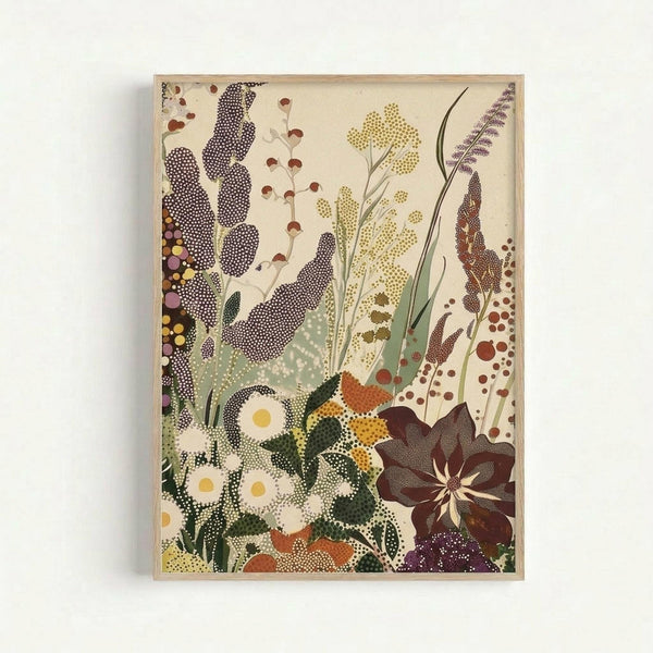 Framed botanical art print featuring stylized wildflowers and plants in dotted, stippled technique. White daisies with yellow centers bloom at bottom left, while tall purple and brown seed pods stretch upward. A large dark burgundy flower dominates the lower right corner. The composition includes delicate grasses and stems rendered in earthy tones of green, brown, yellow and purple against a cream background. The artwork has a modern interpretation of vintage botanical illustrations, displayed i