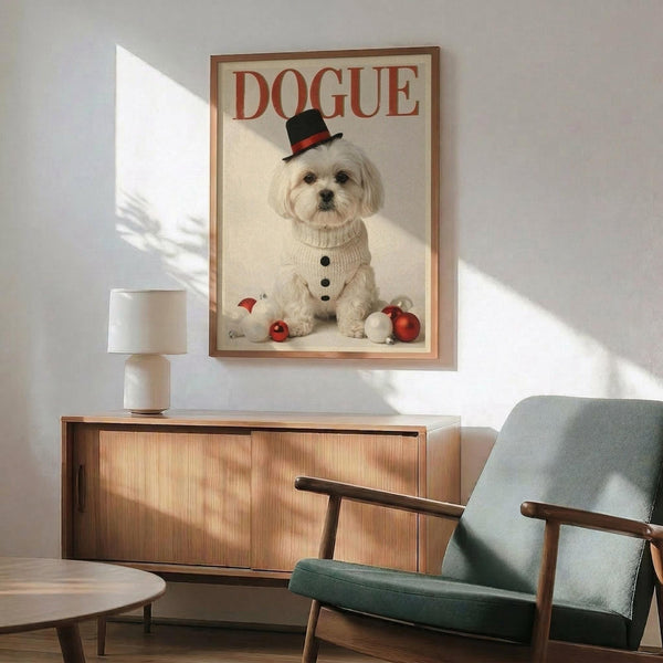 May include: Framed poster featuring a white Maltese dog wearing a black top hat with red band and cream cable-knit sweater, surrounded by red and white Christmas ornaments. The word "DOGUE" appears in large red letters at the top. The poster hangs on a white wall above a wooden sideboard with a white table lamp, next to a mid-century modern green upholstered chair with wooden arms in a sunlit room.