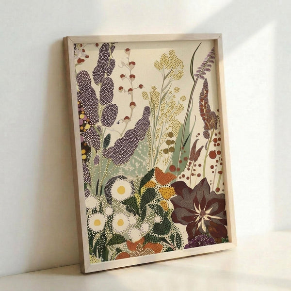 May include: Framed botanical art print leaning against white wall, featuring stylized wildflowers and plants in dotted pattern style reminiscent of pointillism. Artwork shows purple feathery grasses, white daisy-like flowers with yellow centers, golden seed heads, and burgundy blooms against cream background. Natural wood frame complements the earthy color palette of greens, purples, yellows, and browns throughout the meadow scene.