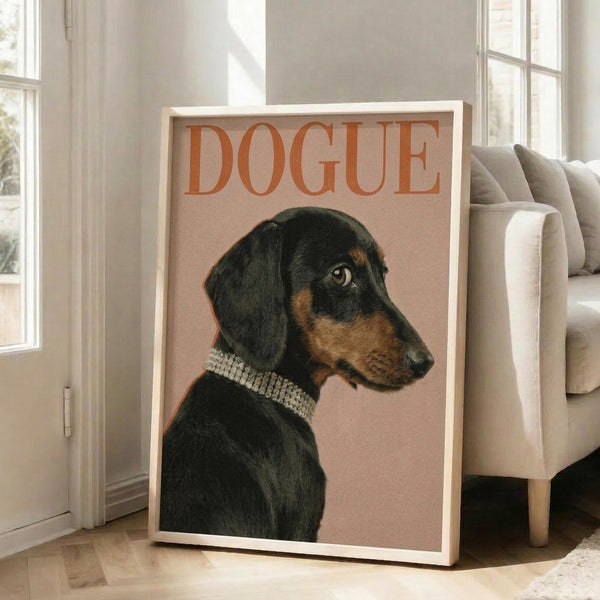 May include: Framed poster featuring a black and tan dachshund in profile wearing a rhinestone collar against a peachy pink background, with "DOGUE" text in orange letters at the top. The wooden-framed artwork leans against a white wall in a bright living room with large windows, next to a beige upholstered chair with pillows.