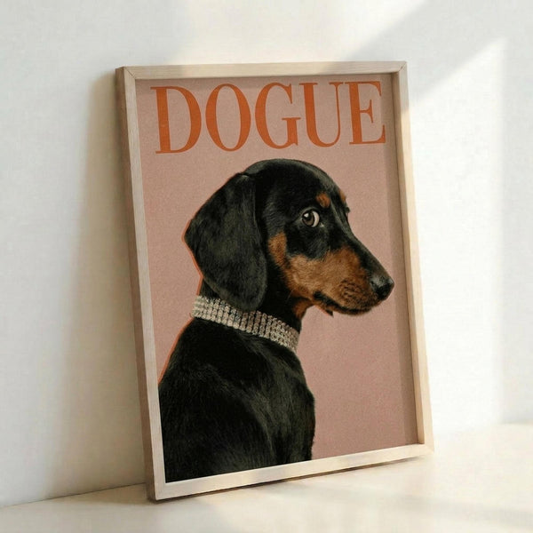 May include: Framed poster print featuring a black and tan dachshund in profile wearing a rhinestone collar against a dusty pink background, with "DOGUE" text in orange letters at the top, displayed in a light wooden frame leaning against a white wall