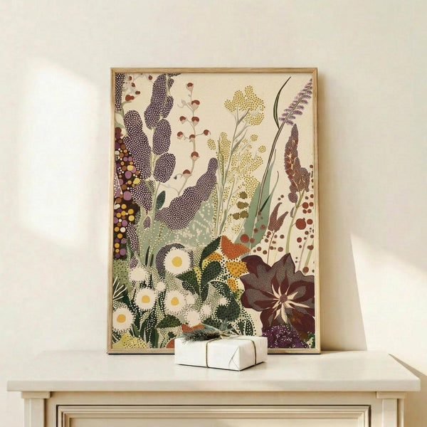 May include: A framed botanical art print featuring stylized wildflowers and plants in dotted textures, displayed on a light wood console table against a cream wall. The artwork shows purple lupines, white daisies with yellow centers, golden seed heads, and burgundy blooms in an abstract meadow style. A small white gift box with twine sits beside the wooden-framed print.