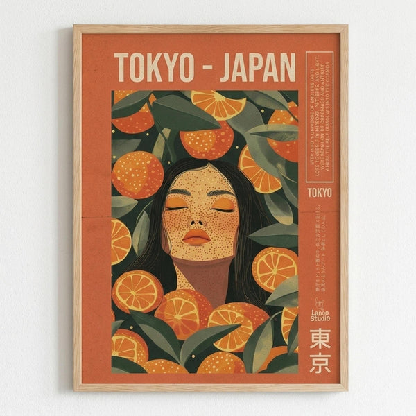 A framed vintage-style travel poster with orange and green color scheme featuring a woman with long dark hair surrounded by oranges, orange slices, and green leaves. The woman's face has a dotted texture pattern and orange-tinted features. Text reads "TOKYO - JAPAN" at the top with Japanese characters on the right side. The artwork has a retro illustration style with warm orange background and is displayed in a light wood frame against a white wall.