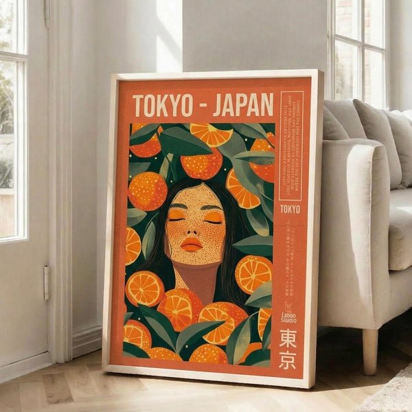 May include: Framed poster leaning against white wall next to beige sofa in bright living room. Orange-themed artwork features woman with closed eyes and long dark hair surrounded by citrus slices and green leaves. Vintage travel poster style with "TOKYO - JAPAN" text and Japanese characters. White frame, natural lighting from windows.