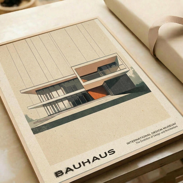 May include: Minimalist architectural poster featuring a modern two-story building with clean geometric lines, large windows, and earth-tone color palette of beige, orange, and dark green. The vintage-style print sits on cream paper with "BAUHAUS" and "INTERNATIONAL DESIGN MUSEUM" text at bottom, displayed on a neutral surface with rolled paper tubes nearby.