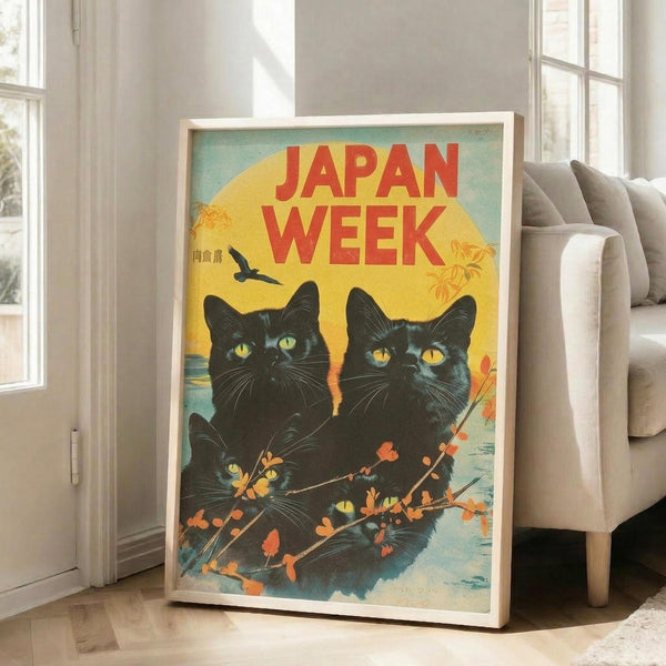 May include: Framed vintage-style poster featuring two black cats with bright yellow-green eyes sitting among orange cherry blossom branches against a turquoise and yellow sunset background with a flying bird silhouette and red "JAPAN WEEK" text at top. The light wood frame leans against white walls in a bright living room with beige couch and large windows.