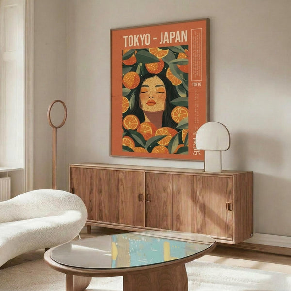 May include: Orange vintage-style travel poster featuring woman with closed eyes surrounded by citrus fruits and leaves, displayed above mid-century modern walnut credenza in minimalist living room with cream chair, glass coffee table, and white walls