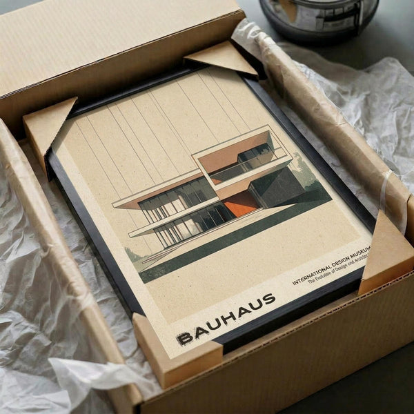 May include: Modern architectural print featuring a Bauhaus-style building with clean geometric lines in muted tones of beige, green, and orange, displayed in a black frame within a cardboard shipping box surrounded by protective tissue paper and wooden dowels for safe packaging.