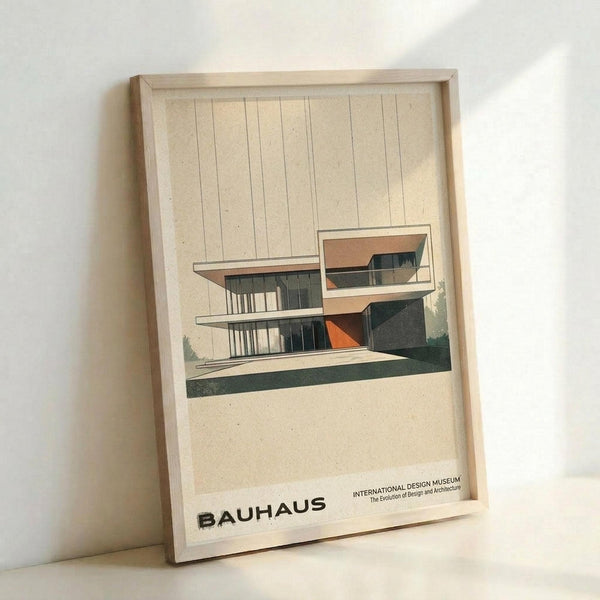 A framed poster featuring a modernist architectural illustration of a multi-level house with clean geometric lines, large windows, and cantilevered balconies. The building is rendered in muted tones of beige, orange, and dark green against a cream background with vertical line details. "BAUHAUS" and "INTERNATIONAL DESIGN MUSEUM" text appears at the bottom. The print is displayed in a light wood frame, leaning against a white wall.