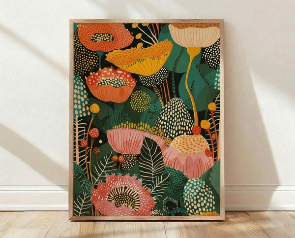 May include: A framed botanical art print leaning against a white wall on light wood flooring. The artwork features stylized mushrooms and flowers in orange, yellow, pink, and teal colors with dotted patterns and fern leaves on a dark background. Natural lighting creates soft shadows on the textured white fabric backdrop. The print is displayed in a simple light wood frame.