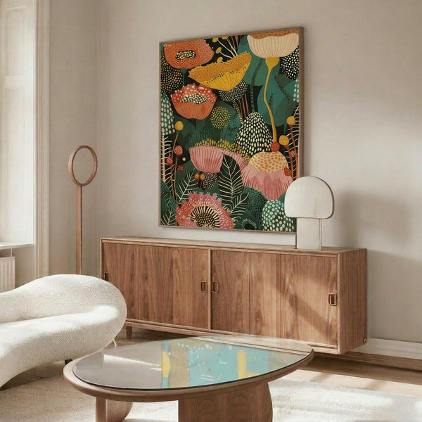 May include: Colorful botanical poster with stylized flowers and leaves in orange, pink, yellow, and green tones displayed above a mid-century modern wooden credenza. Room features white curved chair, oval glass coffee table, floor lamp, and neutral walls with natural lighting.