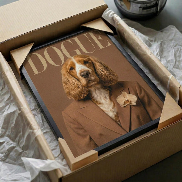 May include: Brown and beige toned poster featuring a cocker spaniel wearing a tan blazer with an orchid boutonniere, styled like a fashion magazine cover with "DOGUE" text. The framed print is nestled in a cardboard shipping box with protective tissue paper wrapping, surrounded by kraft paper tubes on a white surface.