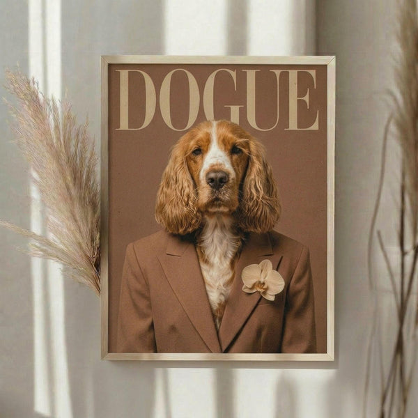 May include: Framed poster print displaying a spaniel dog's head digitally composited onto a human body wearing a tan blazer with small orchid boutonniere, styled as fashion magazine cover with "DOGUE" text at top in beige lettering against brown background, shown in light wood frame on white wall next to dried pampas grass stems