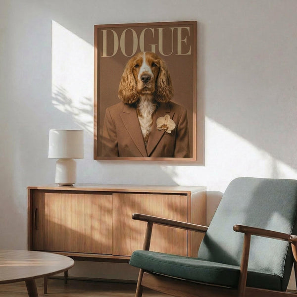 May include: Framed poster showing a cocker spaniel's head digitally placed on a human body wearing a brown blazer with flower lapel pin, styled as fashion magazine cover with "DOGUE" text at top. Displayed above wooden sideboard with white lamp, next to teal mid-century armchair in modern living room with white walls and natural lighting.