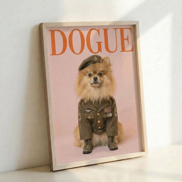 A framed poster featuring a fluffy Pomeranian dog dressed in an olive green military uniform with medals, boots, and a beret, set against a soft pink background. The word "DOGUE" appears in large orange letters at the top, mimicking a fashion magazine cover. The artwork is displayed in a light wooden frame leaning against a white wall.