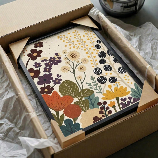 May include: Framed botanical art print in dark frame, nestled in cardboard shipping box with brown paper wrapping. The artwork features stylized flowers and plants in warm autumn colors - burgundy, orange, yellow, and teal - with decorative patterns including dotted circles and delicate stems. White tissue paper and kraft paper packaging materials surround the frame inside the box.