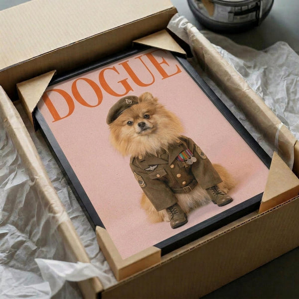 May include: Framed poster print in black frame being unpacked from cardboard box with tissue paper. Shows Pomeranian dog wearing olive green military uniform with medals and beret on pink background. Large orange "DOGUE" text at top. Frame sits among white packing materials on neutral surface.