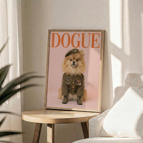 May include: Framed poster print displayed on wooden round side table next to beige upholstered chair. Print features orange "DOGUE" text above fluffy Pomeranian dog wearing olive green military uniform with cap, medals, and boots against pink background. Natural lighting creates soft shadows across neutral-toned room setting with plant leaves visible in corner.