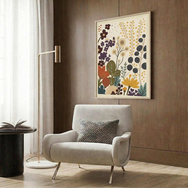 May include: Framed botanical wall art featuring stylized flowers and plants in autumn colors - purple, orange, yellow, and green - displayed above a beige upholstered chair with geometric throw pillow. Modern living room setting with wood paneled walls, brass floor lamp, and dark side table with open book.