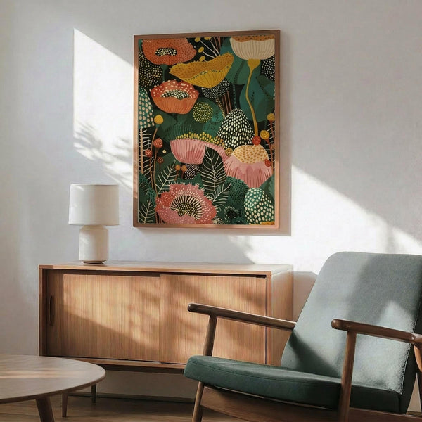 May include: Framed botanical poster with stylized flowers and foliage in coral, yellow, pink and green tones with dotted patterns, displayed above a wooden sideboard with white ceramic lamp, next to a mid-century modern sage green upholstered chair with wooden arms in a sunlit room with white walls.