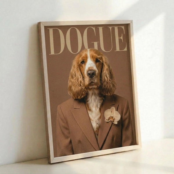 May include: Framed poster print leaning against white wall showing brown and white spaniel dog's head digitally placed on human body wearing tan blazer with orchid boutonniere. Features "DOGUE" text at top in fashion magazine style layout with warm brown tones throughout. Natural wood frame visible around edges.
