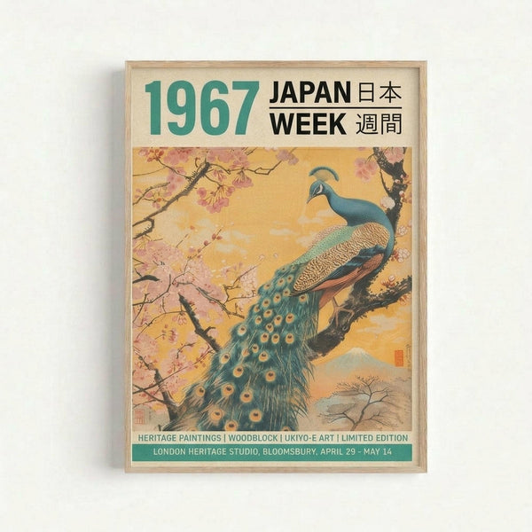 A framed vintage-style poster featuring a turquoise and teal peacock perched on dark tree branches with pink cherry blossoms against a warm golden yellow background. The poster displays "1967 JAPAN WEEK" at the top in green and black text with Japanese characters. At the bottom, green text reads "HERITAGE PAINTINGS | WOODBLOCK | UKIYO-E ART | LIMITED EDITION" and "LONDON HERITAGE STUDIO, BLOOMSBURY, APRIL 29 - MAY 14". The artwork has a traditional Japanese woodblock print aest