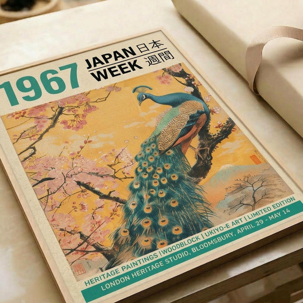 May include: Vintage-style poster print featuring a vibrant peacock perched on a cherry blossom branch against a golden sunset sky. The design includes "1967 Japan Week" text at the top and exhibition details at the bottom. The poster is shown lying flat on white paper with a white tube beside it, displaying traditional Japanese artistic style with rich blues, greens, and pink blossoms.