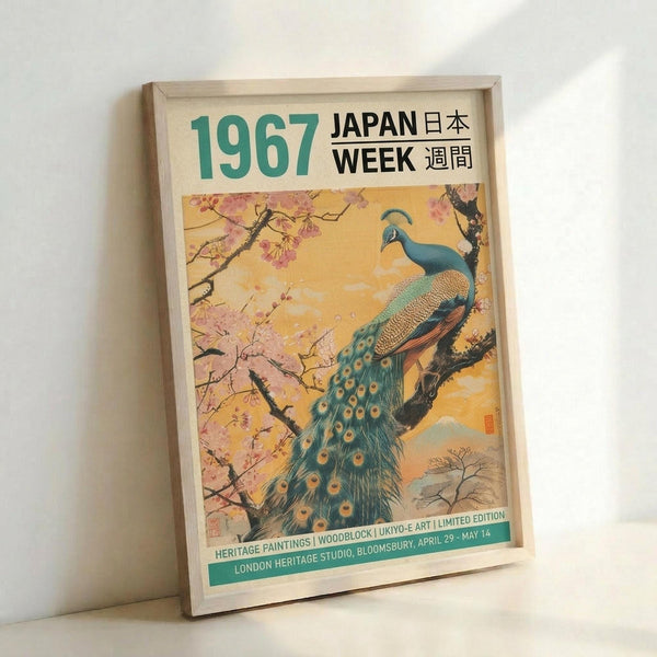 May include: Framed vintage-style poster featuring a vibrant peacock perched on cherry blossom branches against a golden sunset sky. The artwork displays traditional Japanese ukiyo-e art styling with pink sakura flowers, turquoise and teal peacock feathers with golden eye spots, and Mount Fuji visible in the background. Text reads "1967 JAPAN WEEK" at top with exhibition details at bottom. Light wood frame displayed against white wall with natural lighting casting soft shadows.