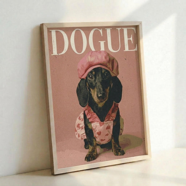 May include: Framed poster featuring a black and tan dachshund wearing a pink beret and heart-patterned apron against a dusty rose background, with "DOGUE" text at top in white letters mimicking fashion magazine style. Light wood frame leans against white wall corner with soft natural lighting creating gentle shadows.