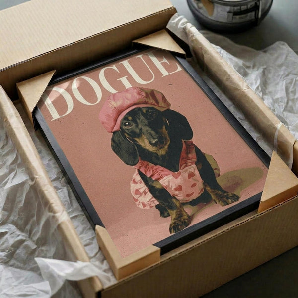 May include: Framed poster artwork featuring a black and tan dachshund puppy wearing a pink ruffled bonnet and floral dress, styled like a vintage magazine cover with "DOGUE" text in cream letters on dusty pink background. Black frame sits in cardboard shipping box with protective wrapping, surrounded by packing materials on white surface.