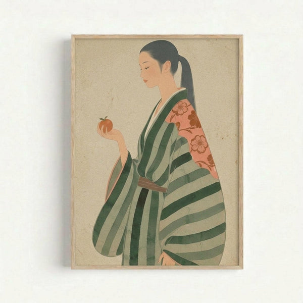 May include: Framed art print hanging on white wall showing Japanese woman in profile wearing green and cream striped kimono with coral floral obi sash, holding orange persimmon fruit. Artwork has vintage Japanese woodblock print style with muted earth tones on beige textured background, displayed in light wooden frame.