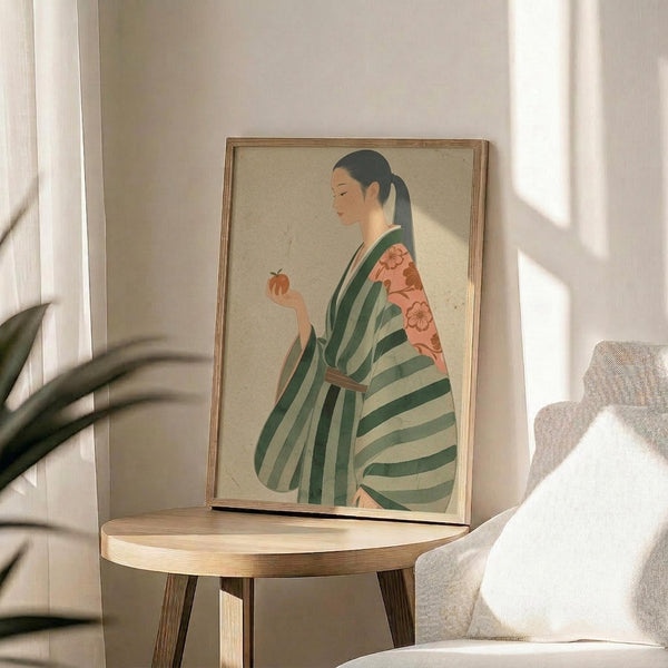May include: Framed poster print displayed on round wooden side table next to beige upholstered chair. Artwork shows woman in profile wearing green and white striped kimono with coral floral sleeve detail, dark hair in low ponytail, holding small persimmon fruit. Soft natural lighting creates window shadows across cream wall. Green plant leaves visible in corner.
