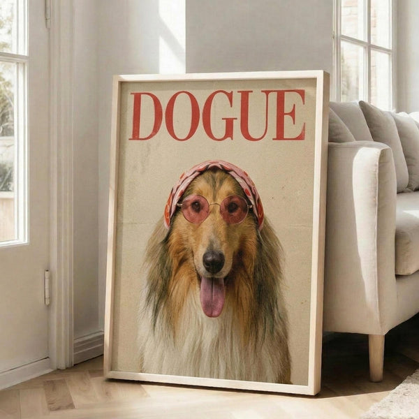 May include: Framed poster featuring a collie dog wearing pink round sunglasses and a floral head scarf with "DOGUE" text in red letters, displayed on hardwood floor next to beige sectional sofa in bright living room with white walls and large windows
