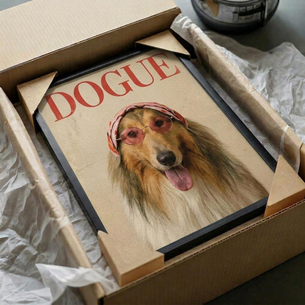 May include: Framed poster print featuring a golden-haired collie dog wearing pink-tinted sunglasses and a patterned headscarf, styled as a vintage magazine cover with "DOGUE" text in red letters. The artwork is displayed in a black frame being unboxed from brown cardboard packaging with white tissue paper, photographed on a white surface alongside wooden dowels and a dark glass container.