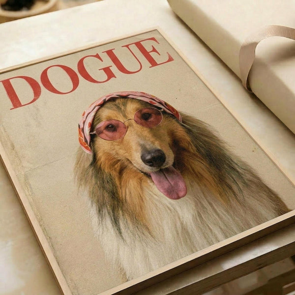 May include: Vintage-style poster featuring a long-haired Collie dog wearing pink sunglasses and a colorful headscarf, with "DOGUE" in red letters at the top, displayed on a cream-colored surface next to rolled white paper and neutral fabric