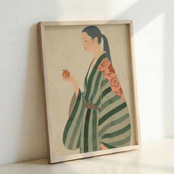 May include: Framed art print leaning against white wall showing woman in profile wearing green and white striped kimono with coral floral sleeve detail, holding orange persimmon fruit. Japanese-inspired illustration with muted earth tones on cream background in light wood frame.