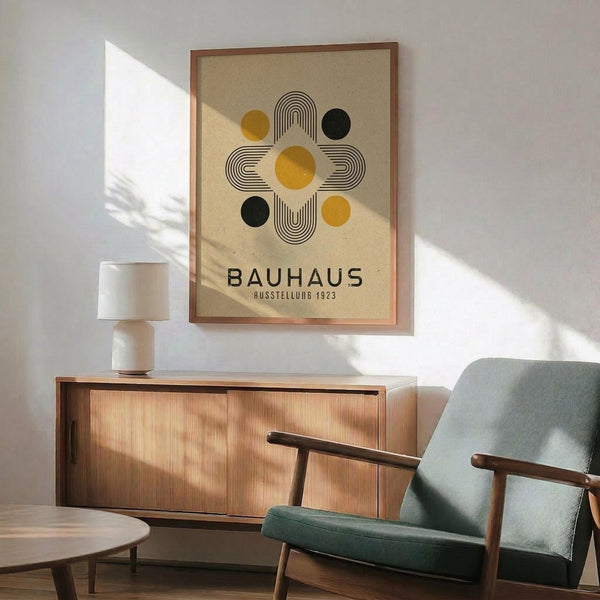 May include: Framed Bauhaus exhibition poster with geometric design featuring yellow and black circles arranged around central striped pattern on cream background, displayed above mid-century modern wood credenza with white ceramic lamp, next to sage green upholstered armchair with wooden frame in sunlit room with white walls.