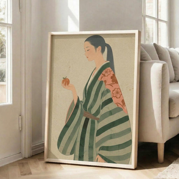 May include: Framed art print leaning against white wall beside beige sofa, showing woman in green striped kimono with coral floral sleeve holding orange persimmon, rendered in soft Japanese illustration style on cream background, displayed in light wooden frame in bright sunlit room with hardwood floors.