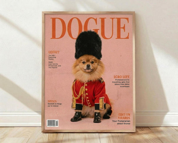 May include: Framed poster print featuring a Pomeranian dog dressed as a British royal guard in red military jacket with gold braiding, tall black fur hat, and small black boots. The design mimics a fashion magazine cover with "DOGUE" in large orange letters on pink background, complete with article headlines and barcode. Light wood frame sits on wooden floor against white wall with soft shadows.