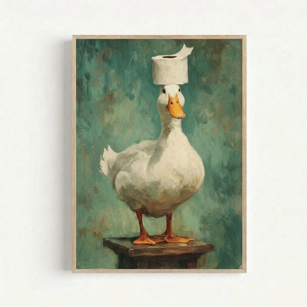 A surreal painting of a white duck standing on a wooden platform, balancing a roll of toilet paper on its head. The duck has an orange beak and orange webbed feet, rendered in realistic detail against a mottled green and teal background. The artwork is displayed in a light wooden frame and has a whimsical, vintage-inspired aesthetic with soft, painterly brushstrokes throughout.